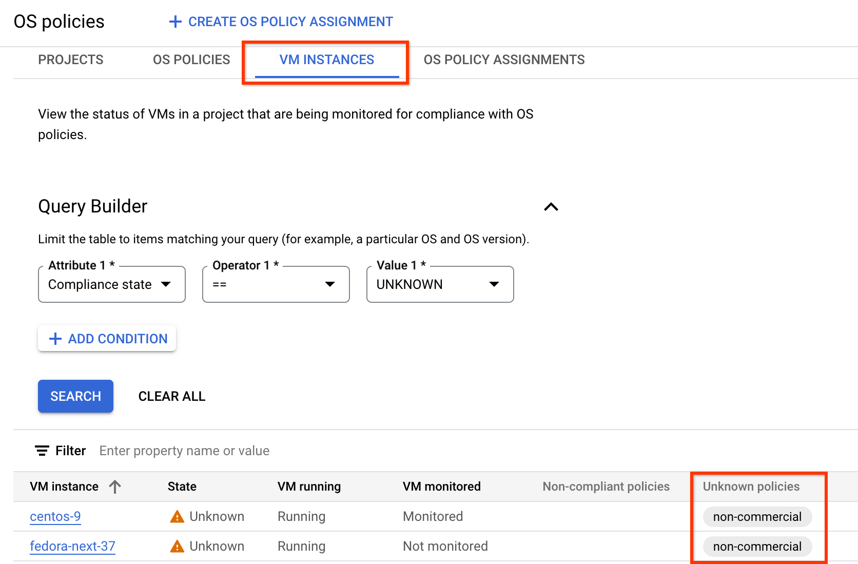 VM instances tab with unknown OS policies.