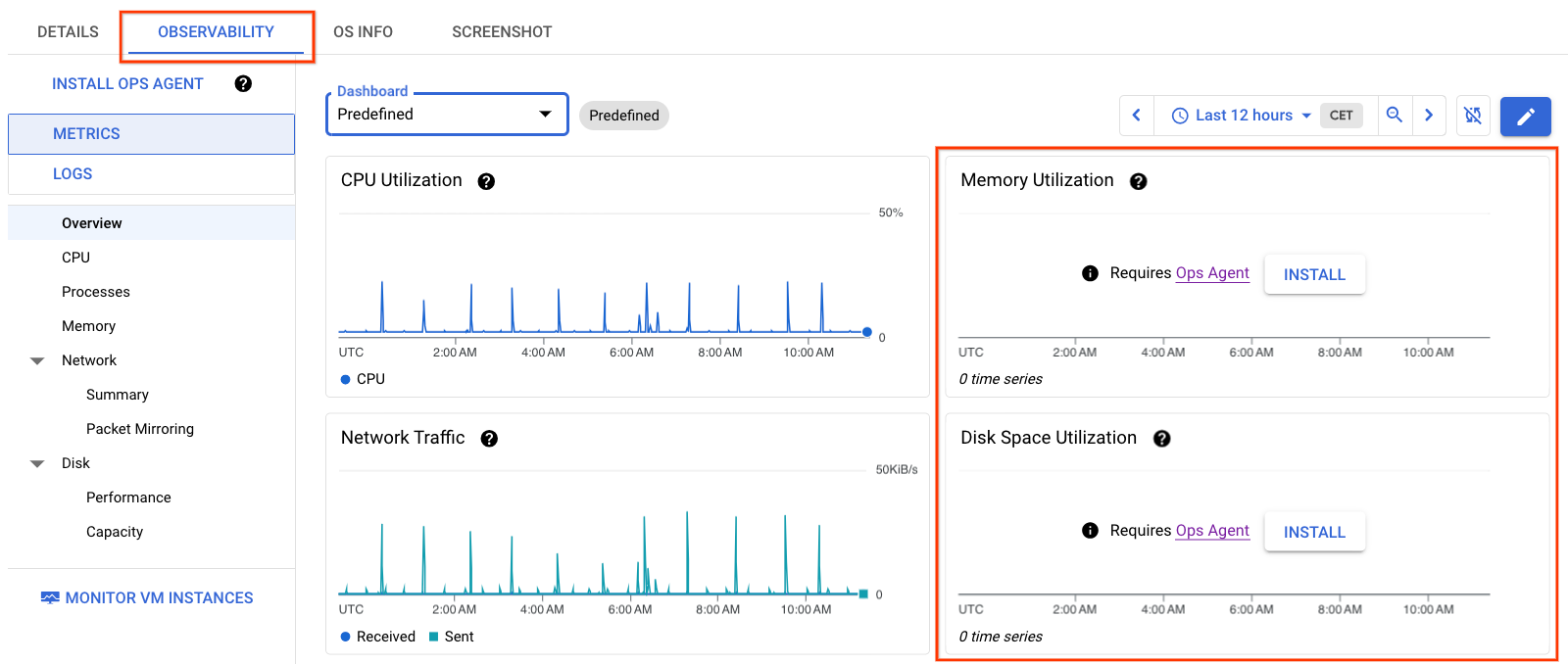 Observability tab
 for one VM without the Ops Agent installed.