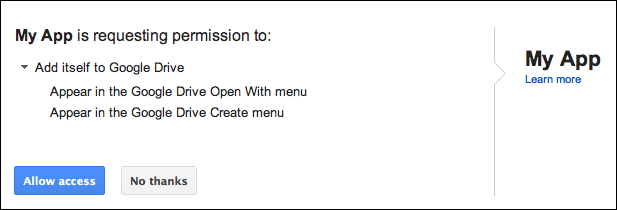 Google Drive UI's installation dialog.