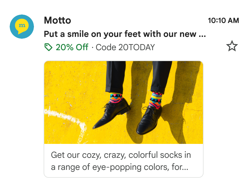 A promotional email that displays an image of shoes, deal badge for 20%, and the promo code 20TODAY