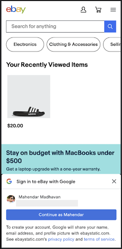 A screenshot of eBay web page using Google Identity Service One Tap on mobile.