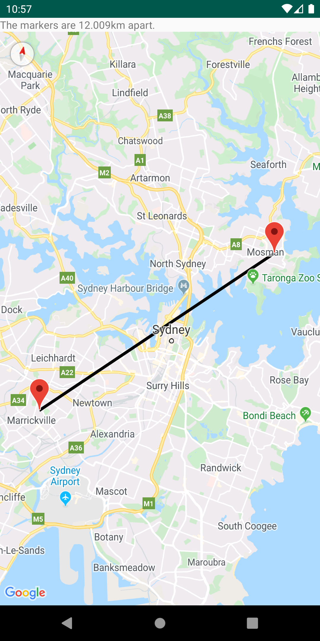 Calculated distance between two points on a map