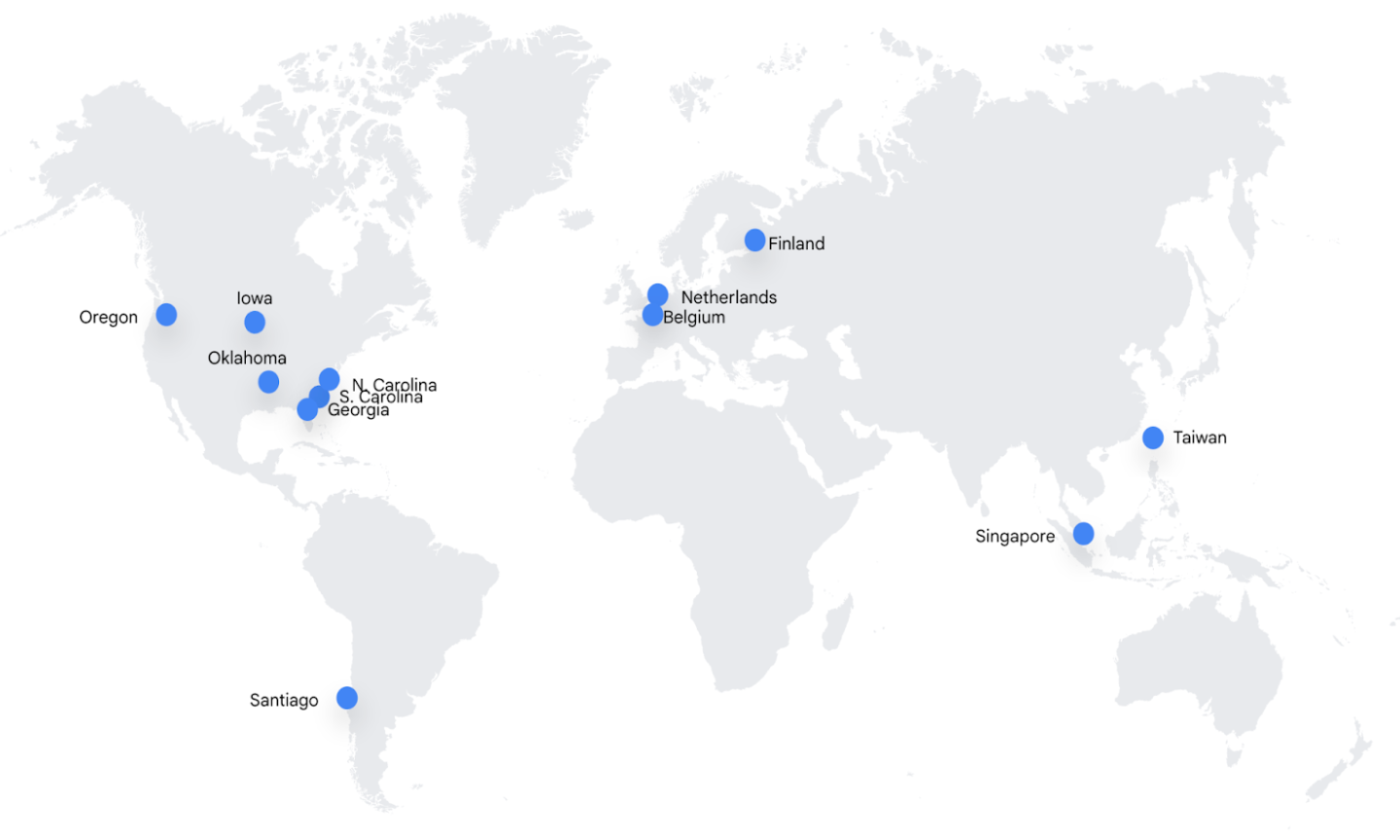 World map showing data center locations as blue
dots