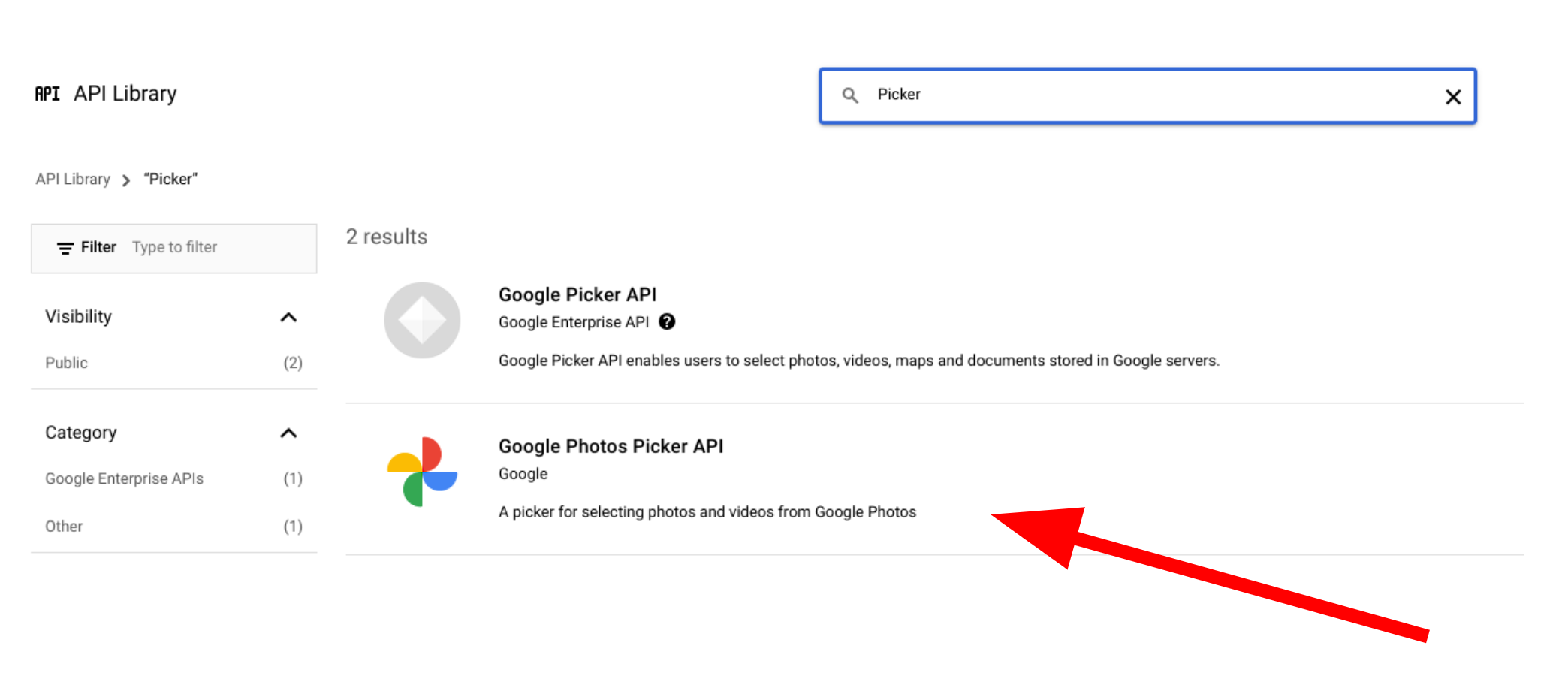 Screenshot of picker APIs in Google Cloud
console