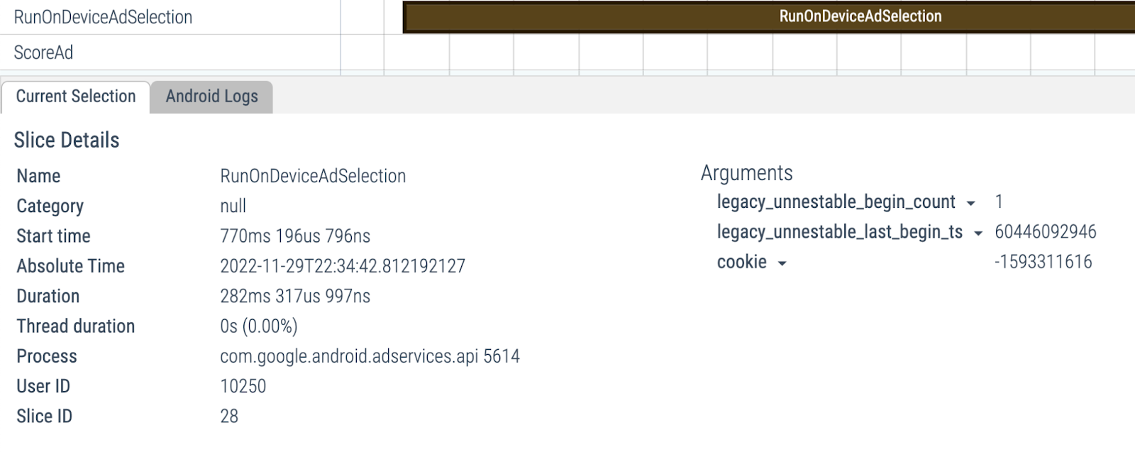 Perfetto UI inspecting a trace segment. Latency details are visible.