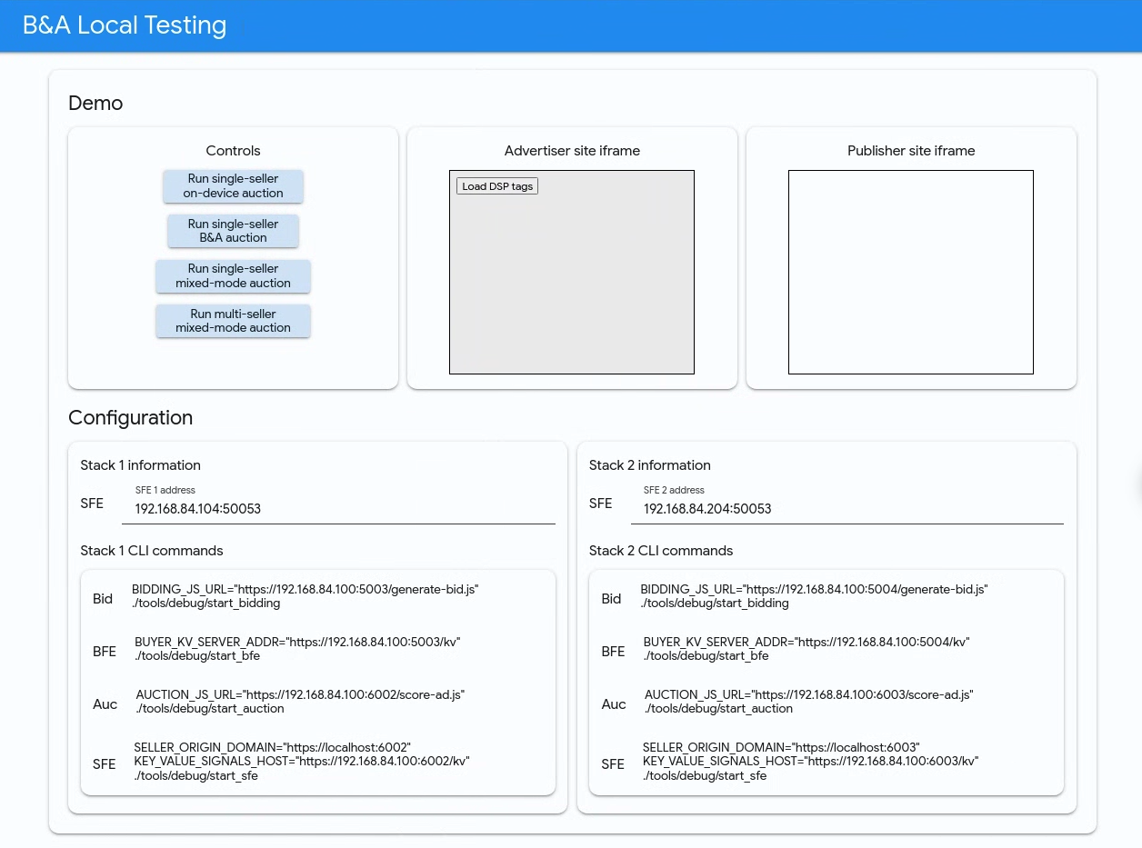 A screenshot of the local testing app being visited in a browser