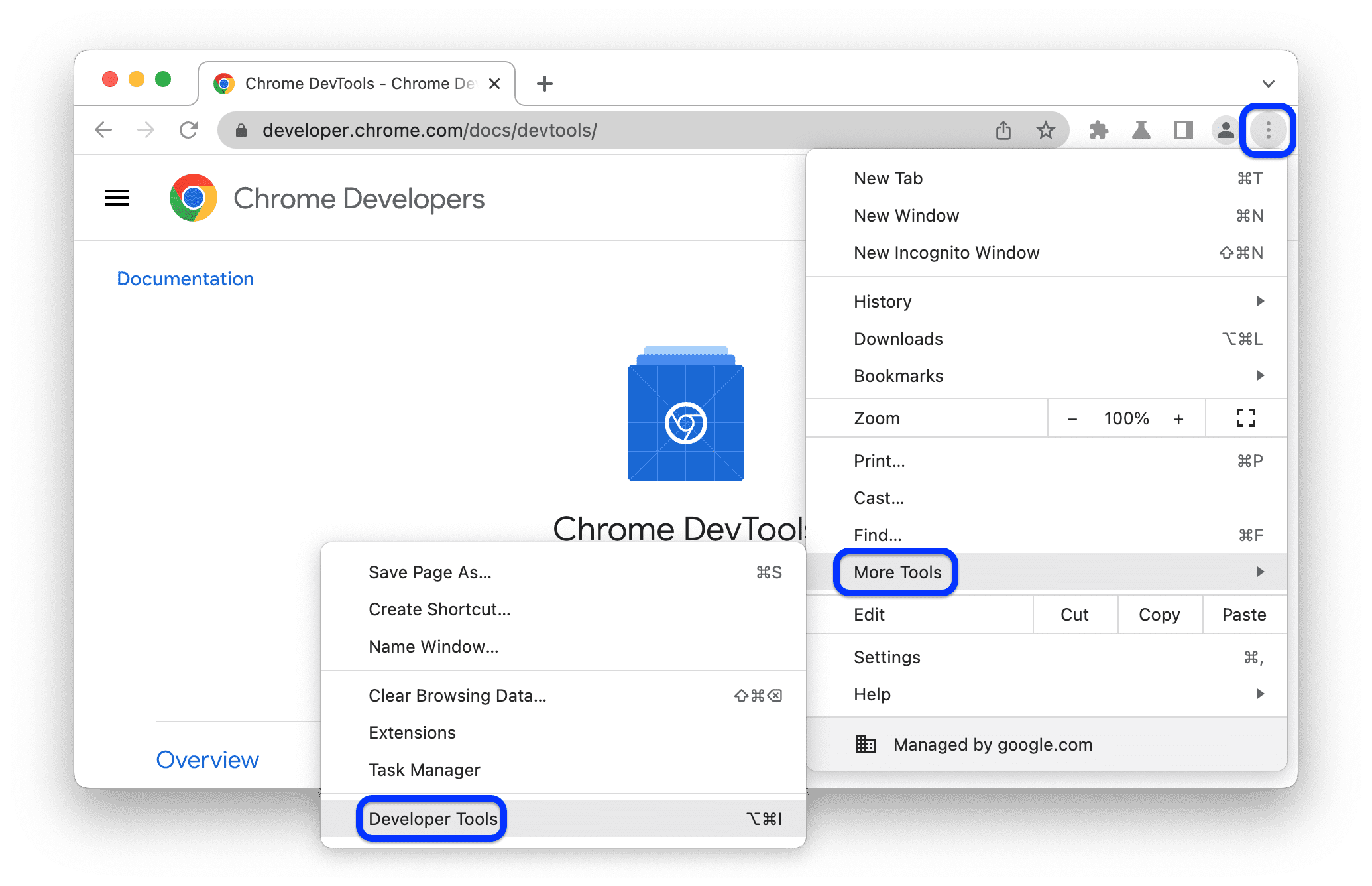 Open the Chrome DevTools: click the ⋮ button to the
right of the address bar and select More Tools > Developer Tools