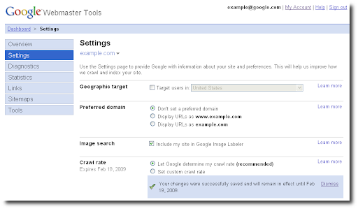 note confirming the expiration date of a setting in webmaster tools