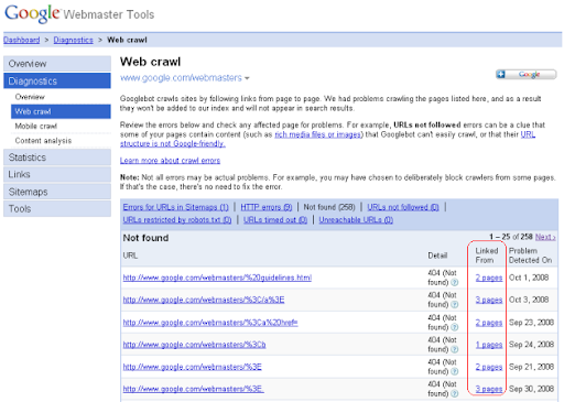 the linked from column in the 404 webmaster tools report shows the number of pages that link to a specific broken url