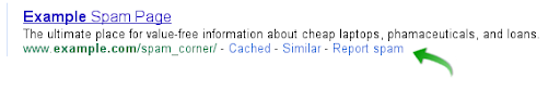 Example of how the link for reporting spam may appear in Search results