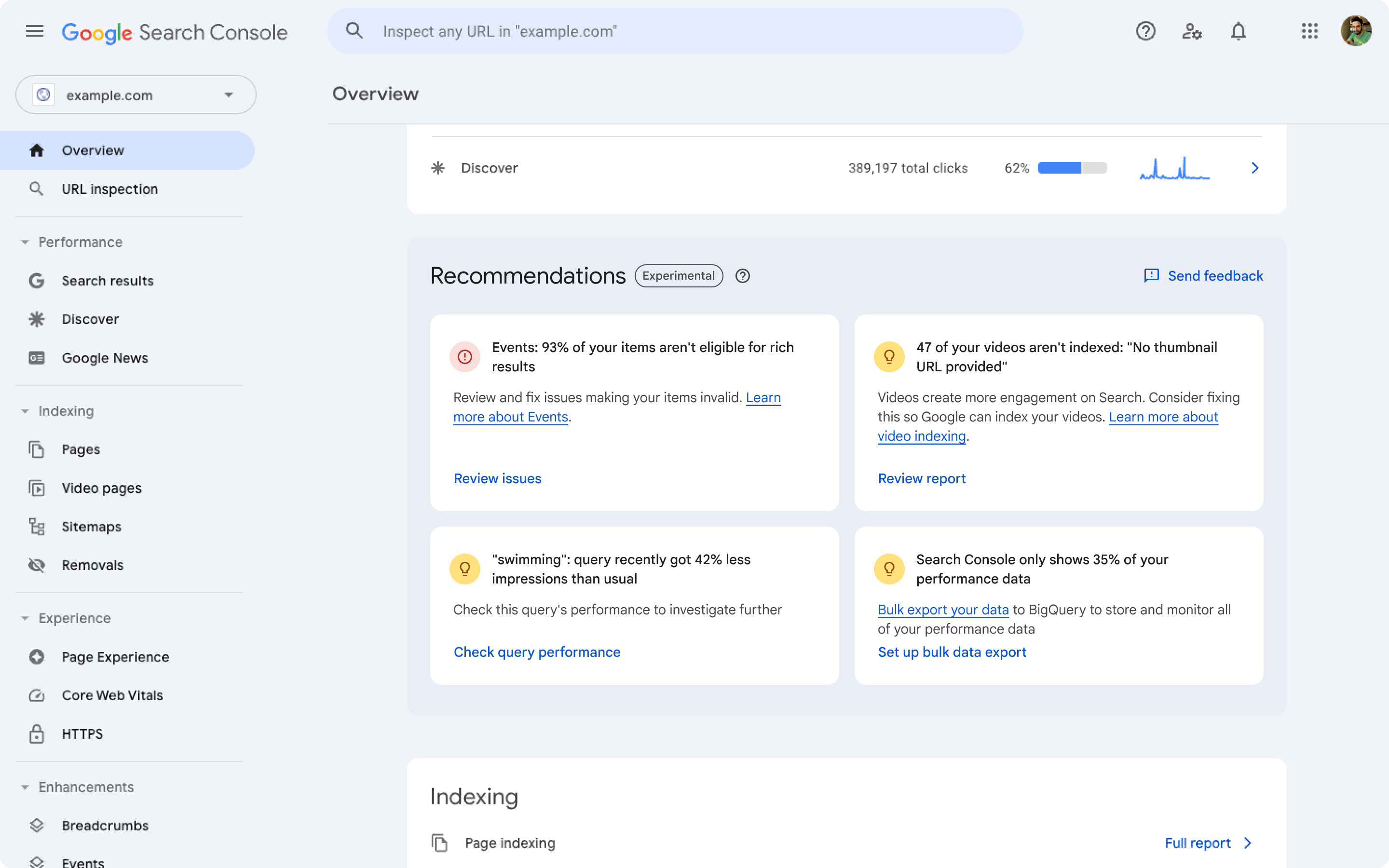 Image showing sample Search Console recommendations