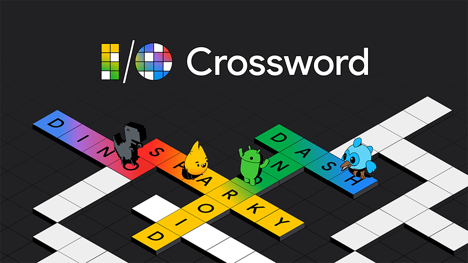 Crossword of words on a black background with the names of Google mascots including Firebase Sparky, Chrome Dino, Android Robot, and Flutter Dash