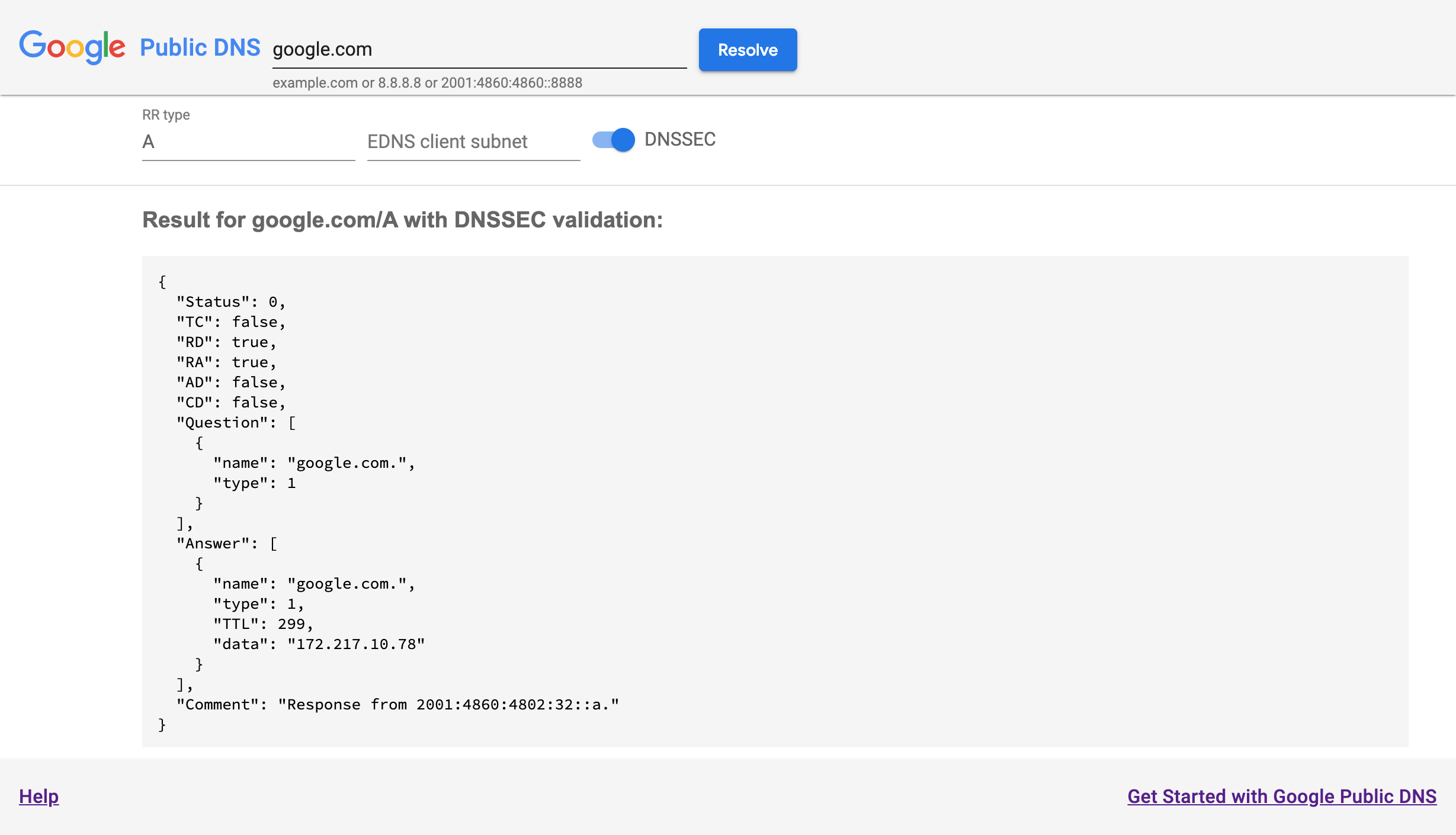 Google Public DNS detail page