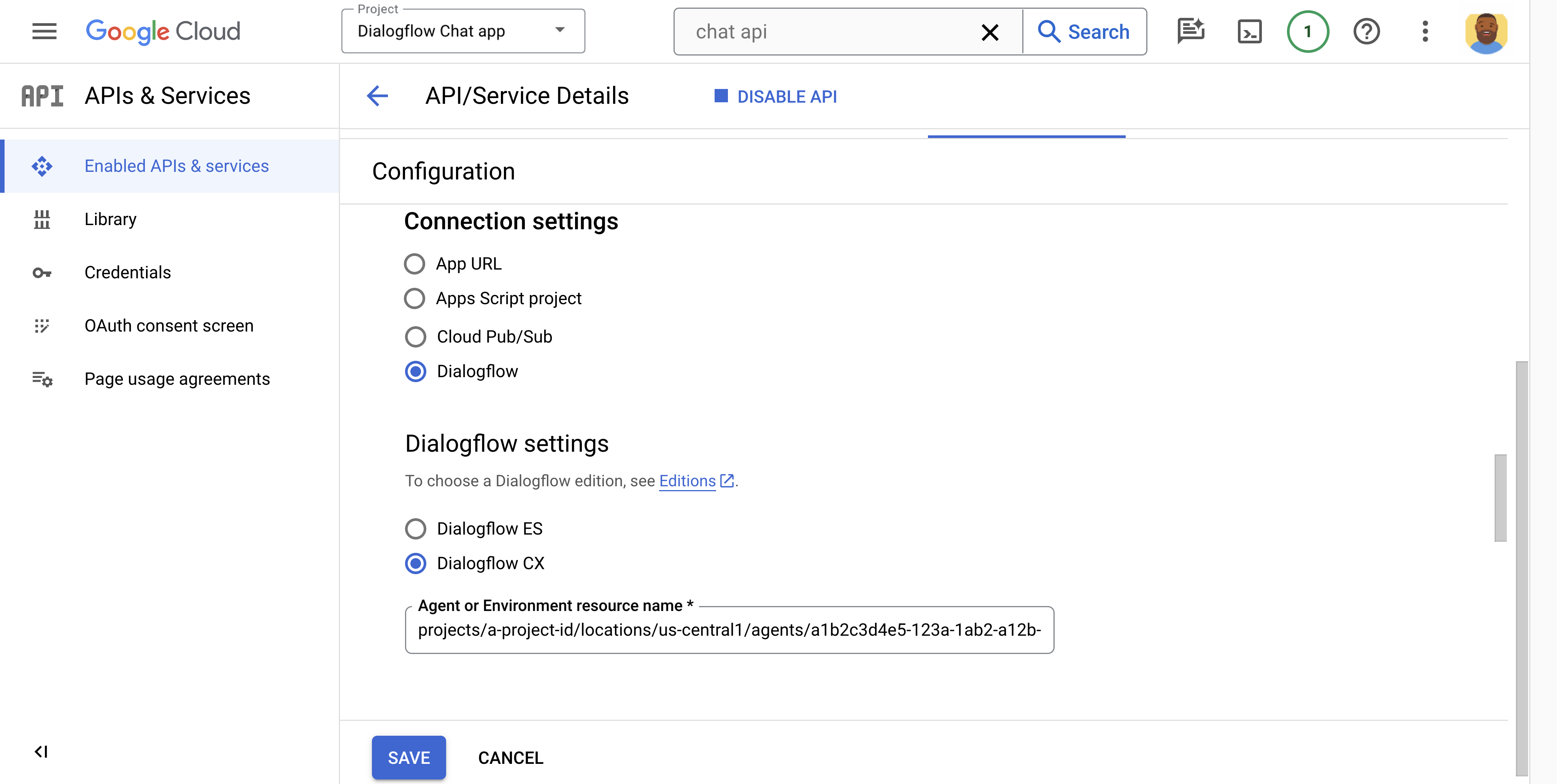 Configuring a Dialogflow Chat app.