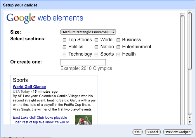 Sites gadget configuration view